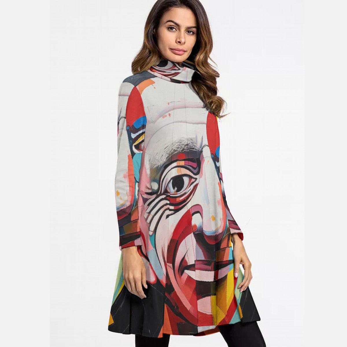 All-Over Print Women's High Neck Dress With Long Sleeve