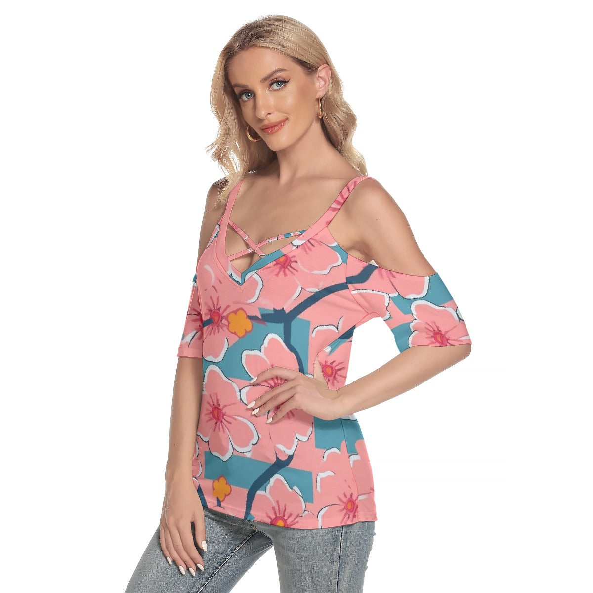 All-Over Print Women's Cold Shoulder T-shirt With Criss Cross Strips