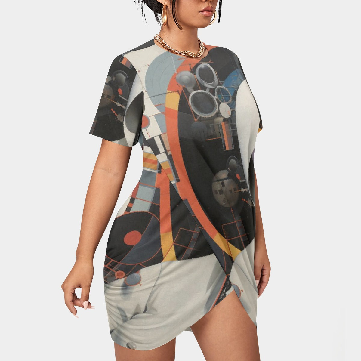 All-Over Print Women’s Stacked Hem Dress With Short Sleeve（Plus Size）