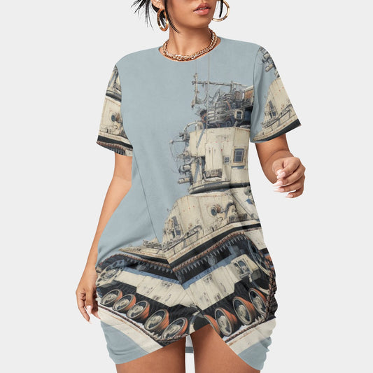 All-Over Print Women’s Stacked Hem Dress With Short Sleeve（Plus Size）