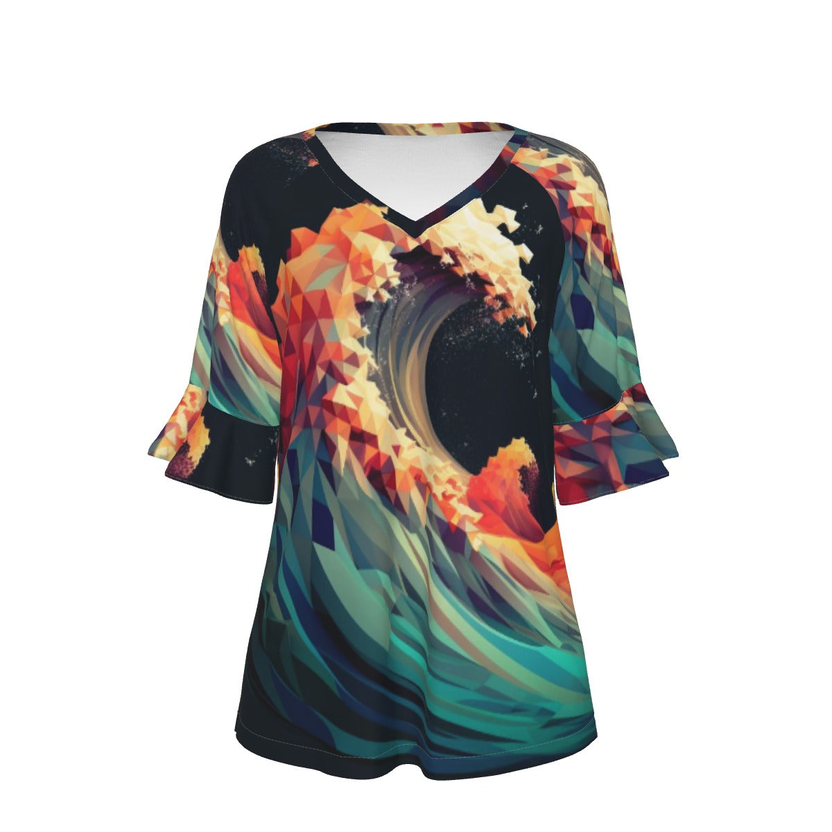 All-Over Print V-neck Women's T-shirt With Bell Sleeve