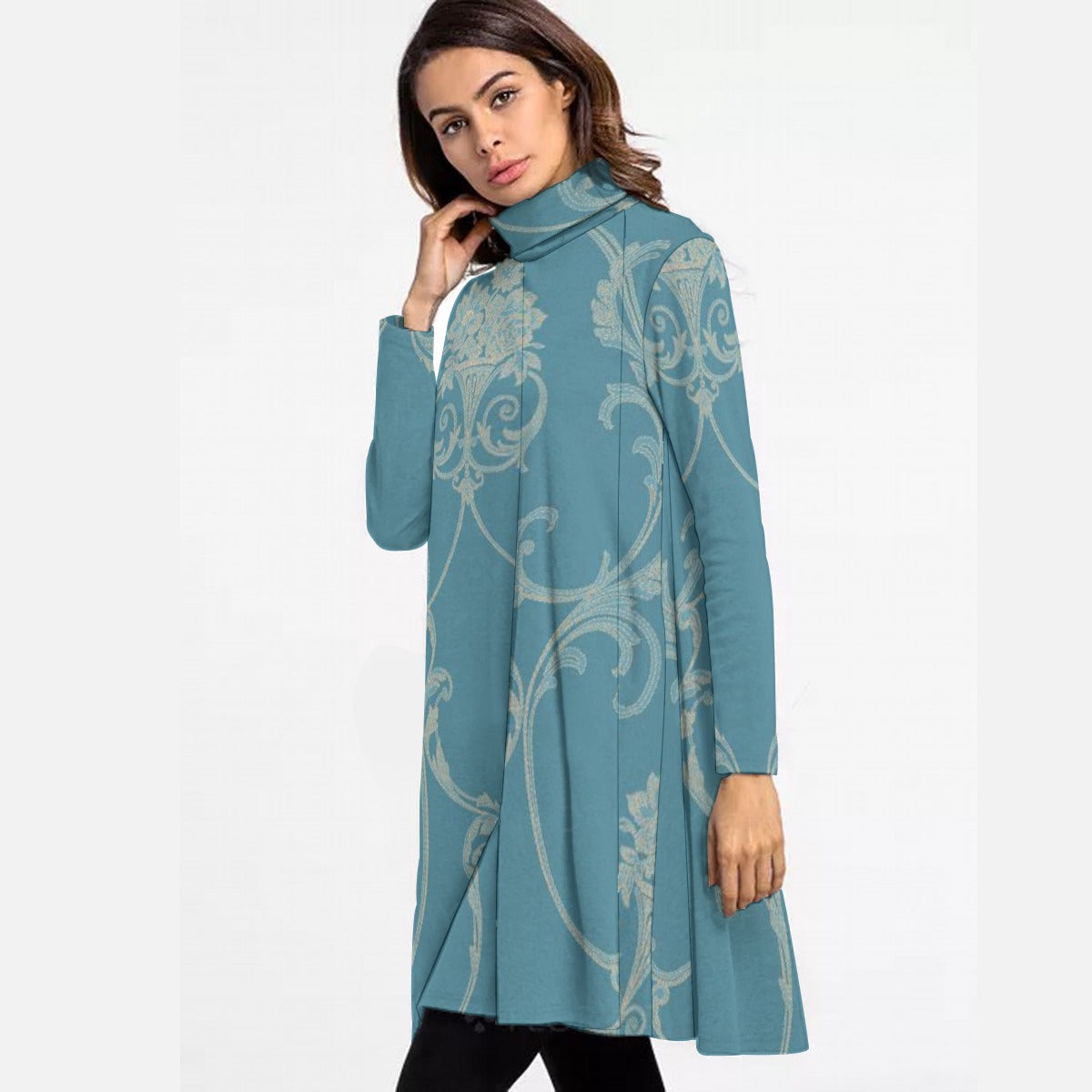 All-Over Print Women's High Neck Dress With Long Sleeve