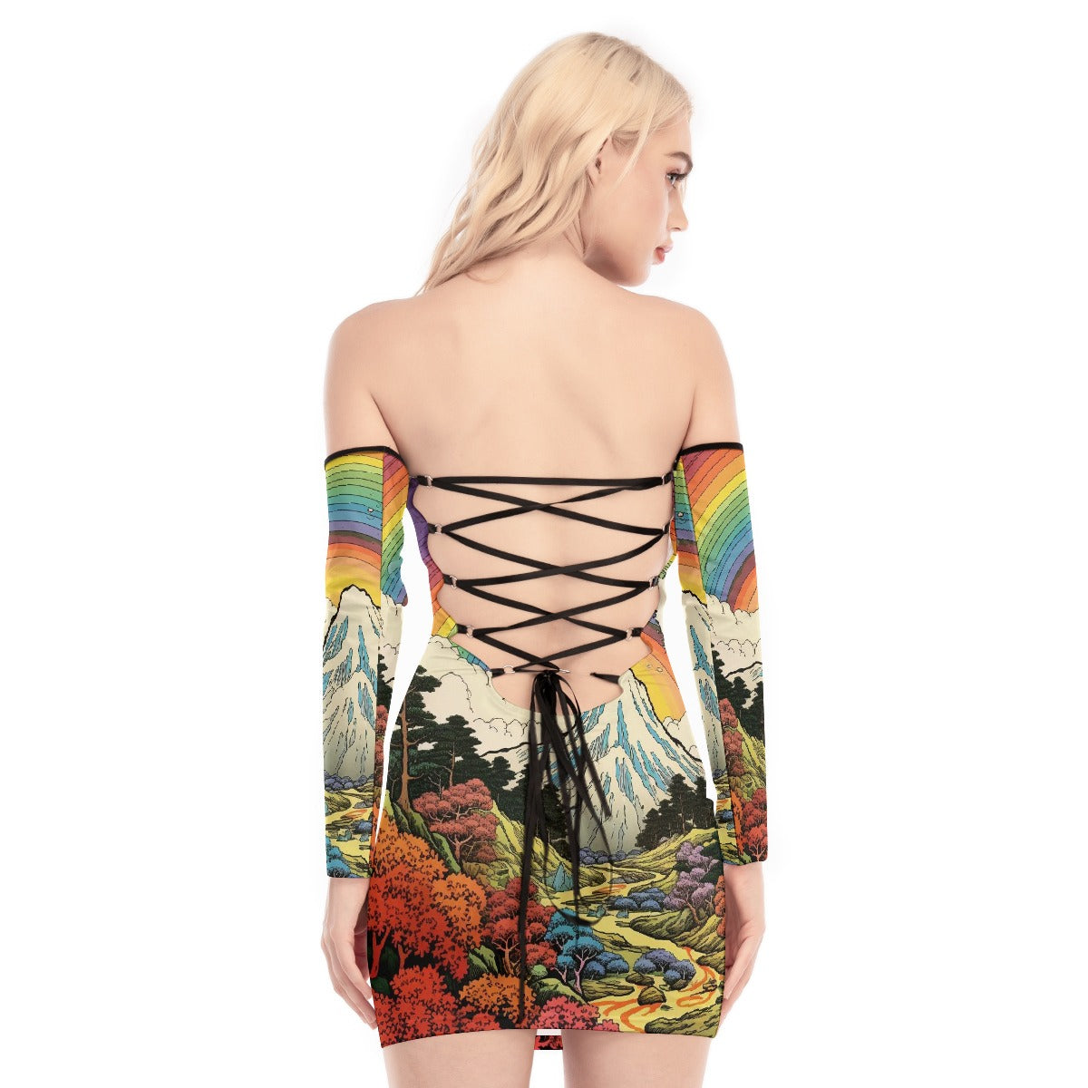 All-Over Print Women's Off-shoulder Back Lace-up Dress