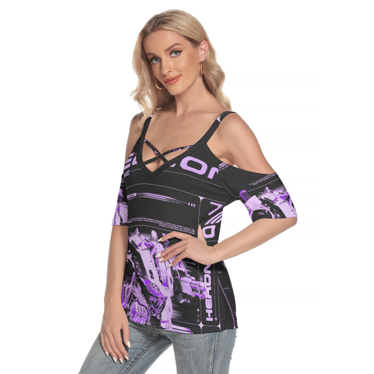 All-Over Print Women's Cold Shoulder T-shirt With Criss Cross Strips