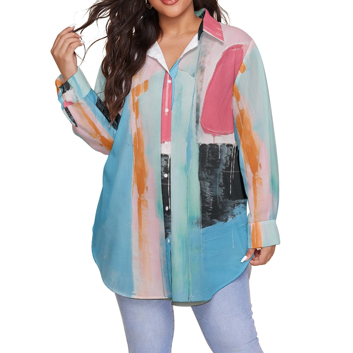 All-Over Print Women's Shirt With Long Sleeve(Plus Size)