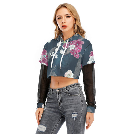 All-Over Print Women's Fake Two-piece Mesh Sleeve Cropped Hoodie