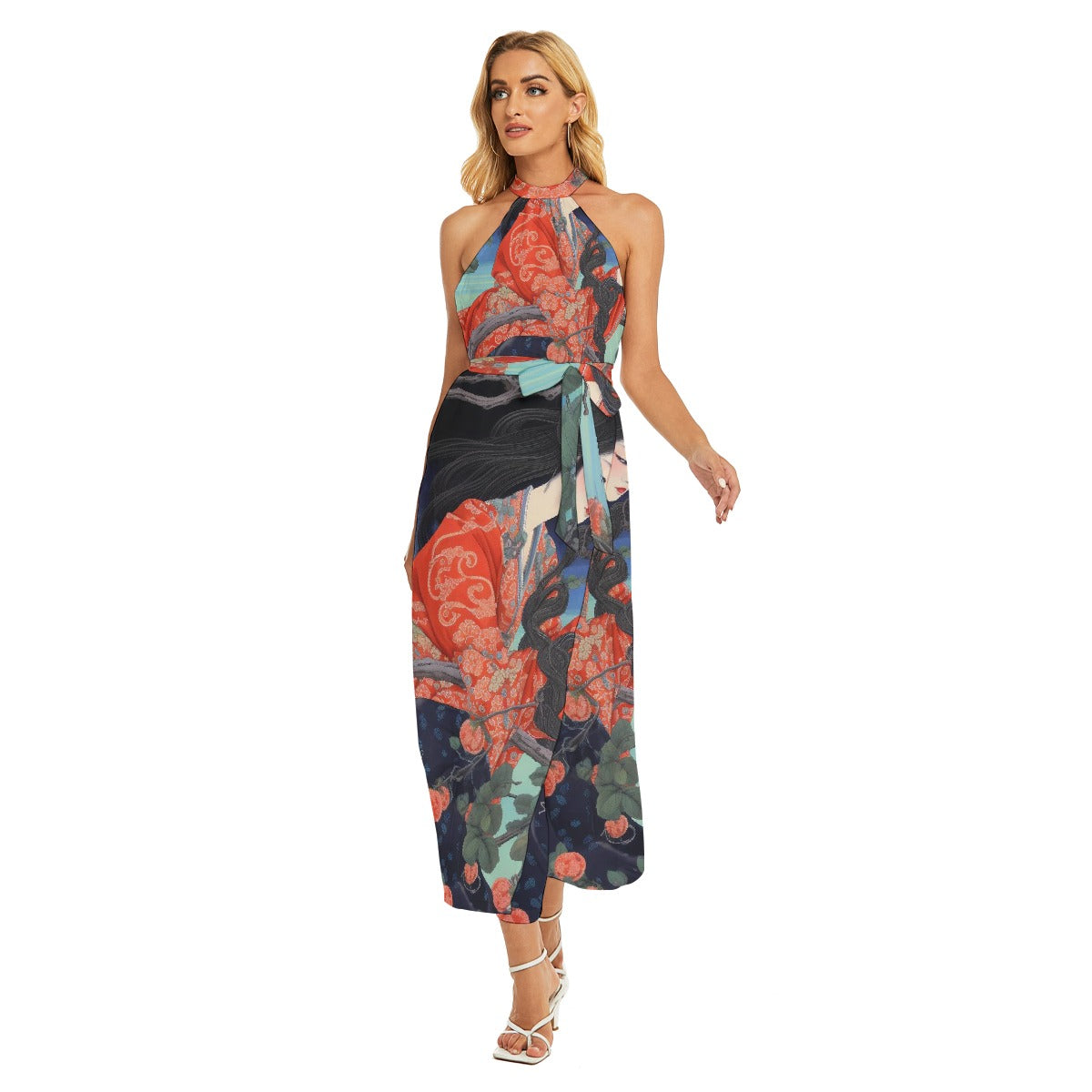 All-Over Print Women's Wrap Hem Belted Halter Dress