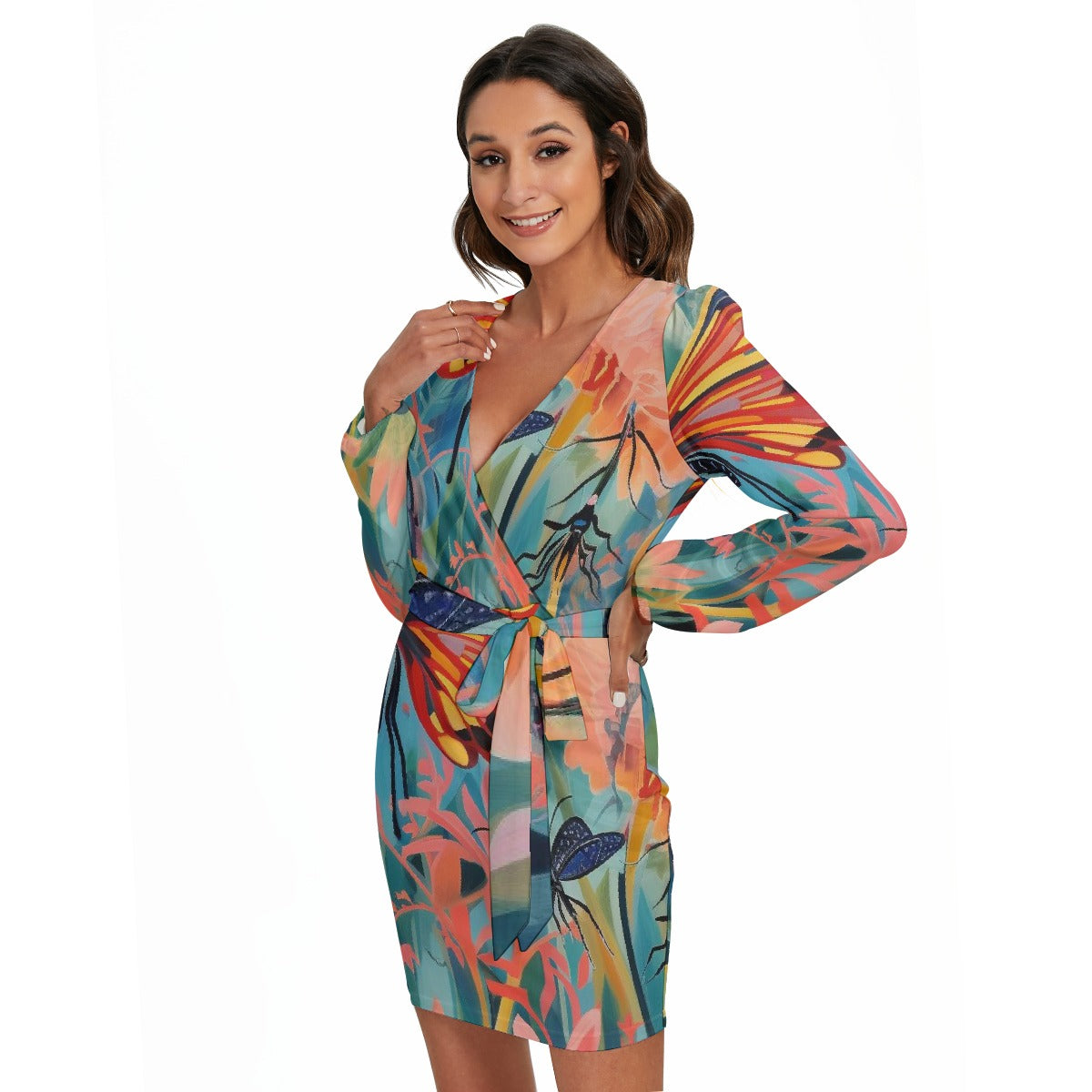 All-Over Print Women's Long Sleeve Dress With Waist Belt