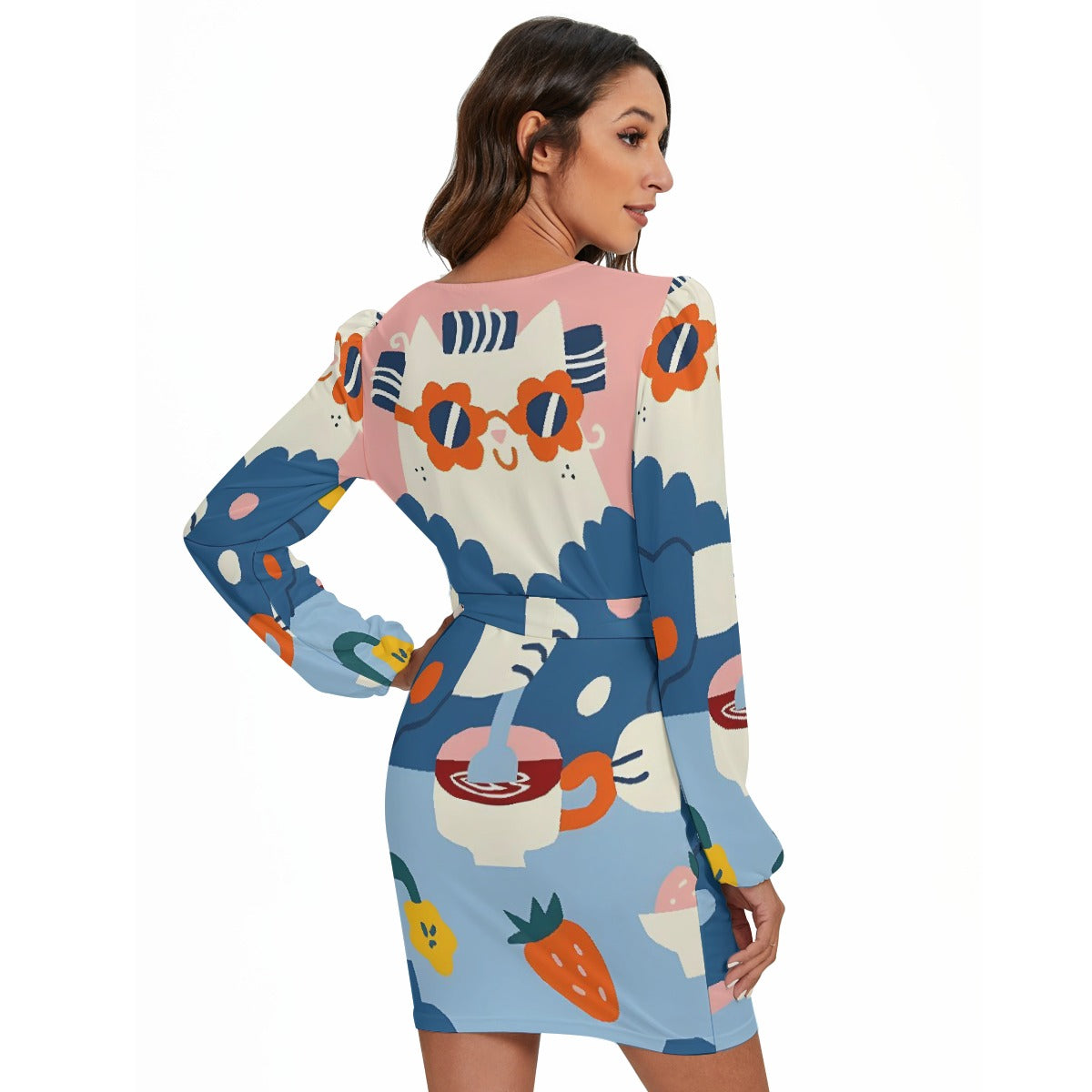 All-Over Print Women's Long Sleeve Dress With Waist Belt