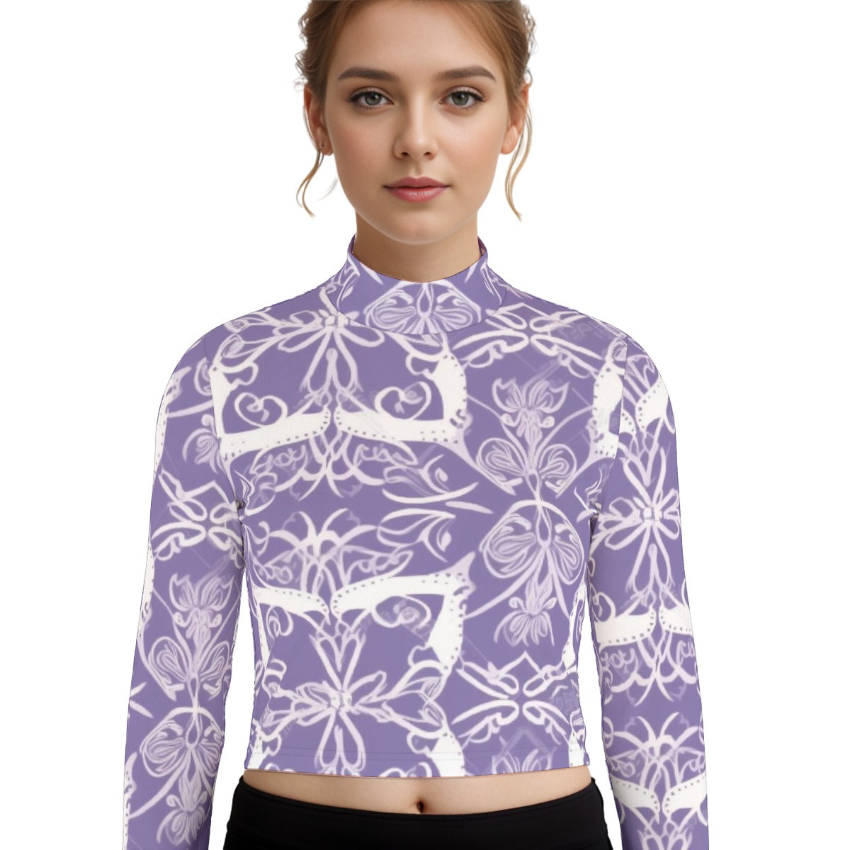 Eco-Friendly All-Over Print Women's Turtleneck T-shirt With Long Sleeve