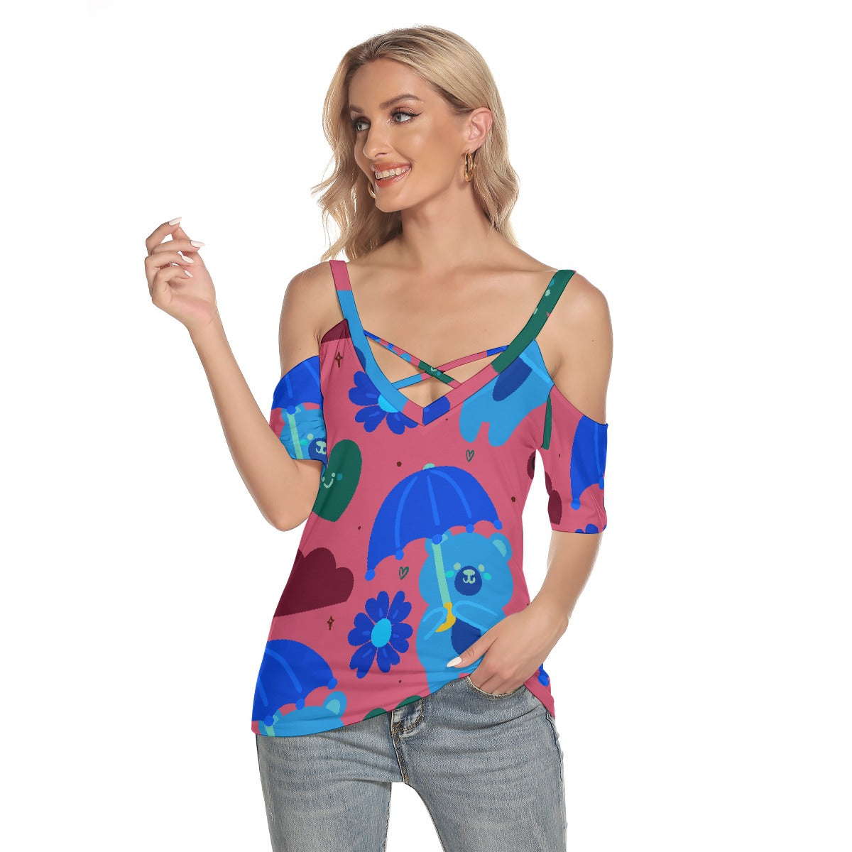 All-Over Print Women's Cold Shoulder T-shirt With Criss Cross Strips