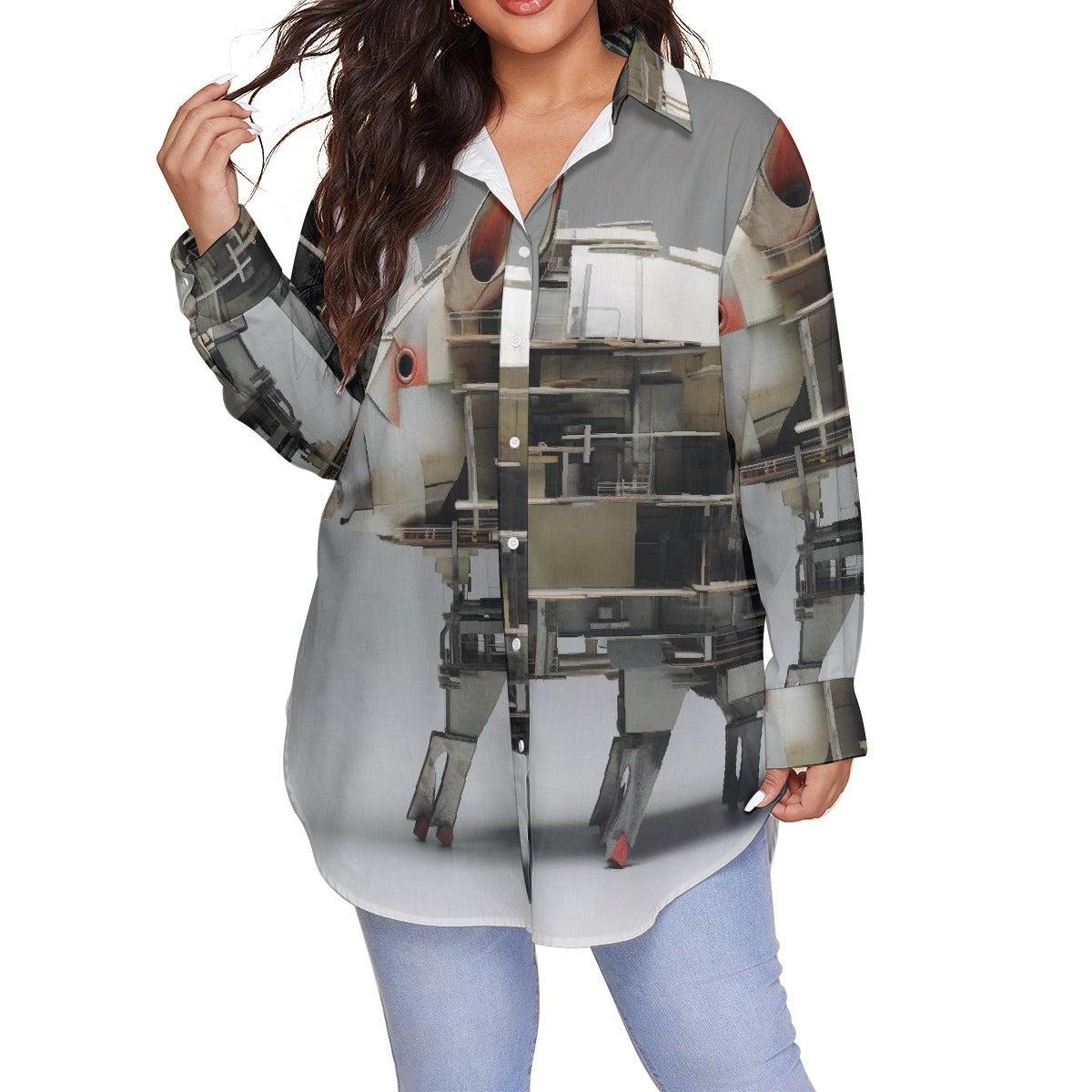 All-Over Print Women's Shirt With Long Sleeve(Plus Size)