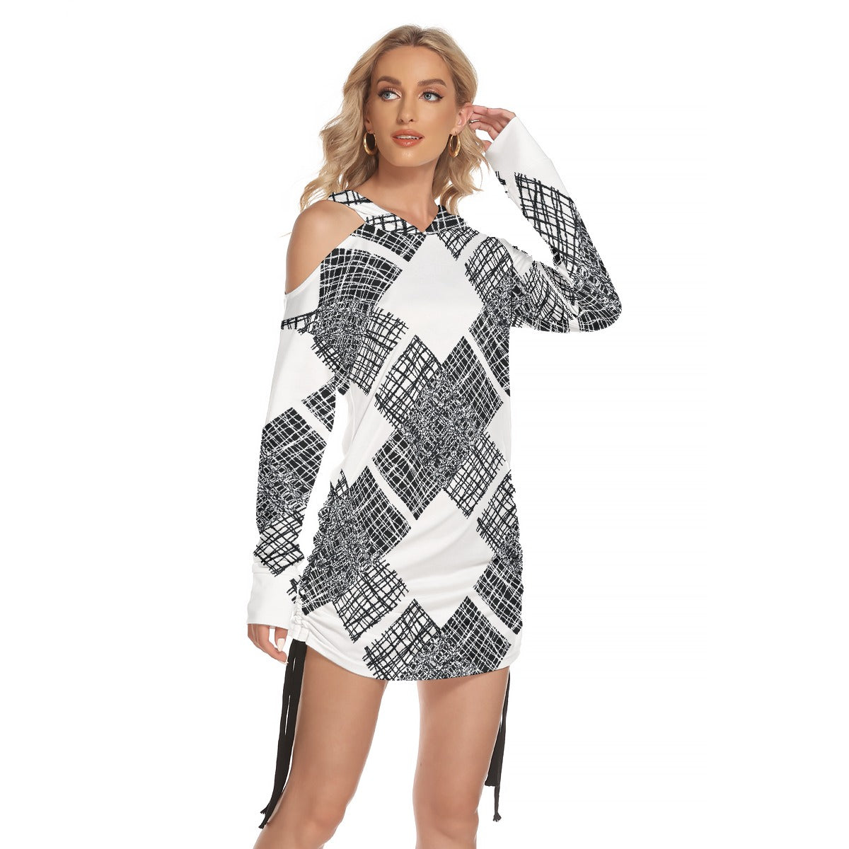 All-Over Print Women's One-shoulder Dress With Waist Shirring