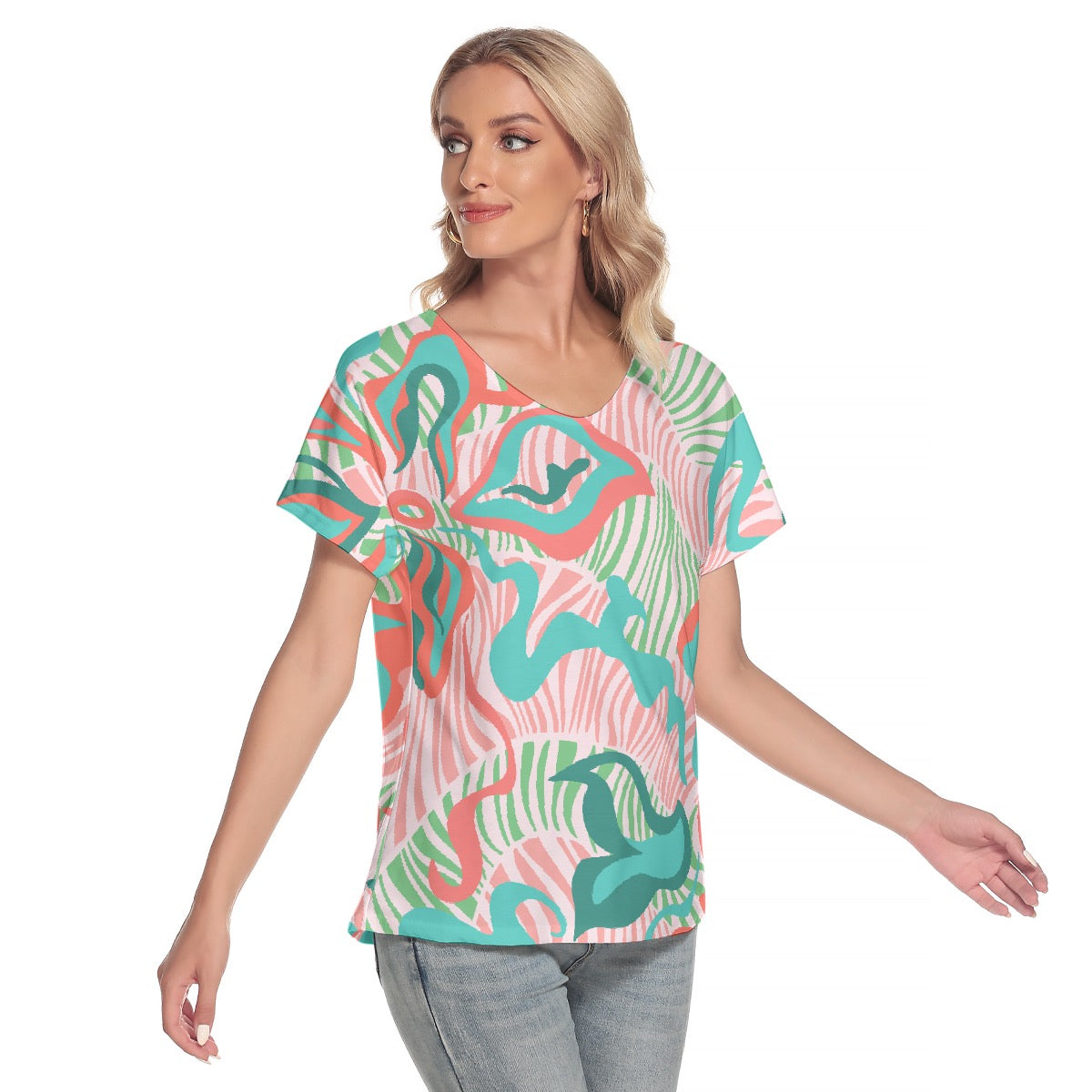 All-Over Print Women's Loose V-neck Short Sleeve T-shirt