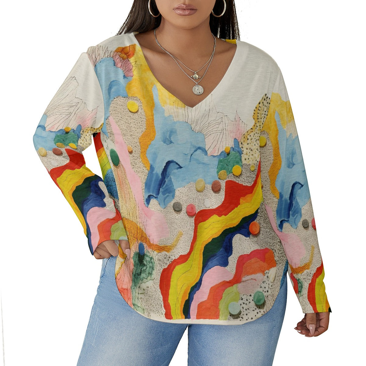 All-Over Print Women's V-neck T-shirt With Curved Hem(Plus Size)