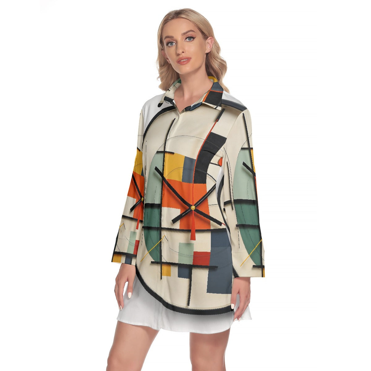 All-Over Print Women's Lapel Shirt Dress With Long Sleeve