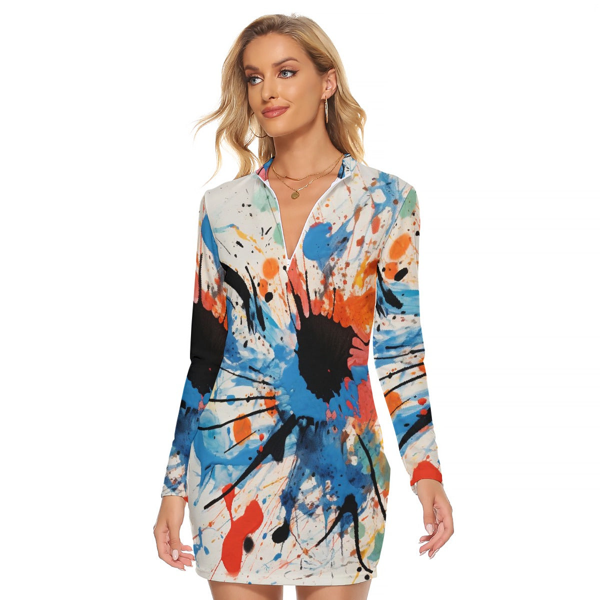 All-Over Print Women's Zip Front Tight Dress