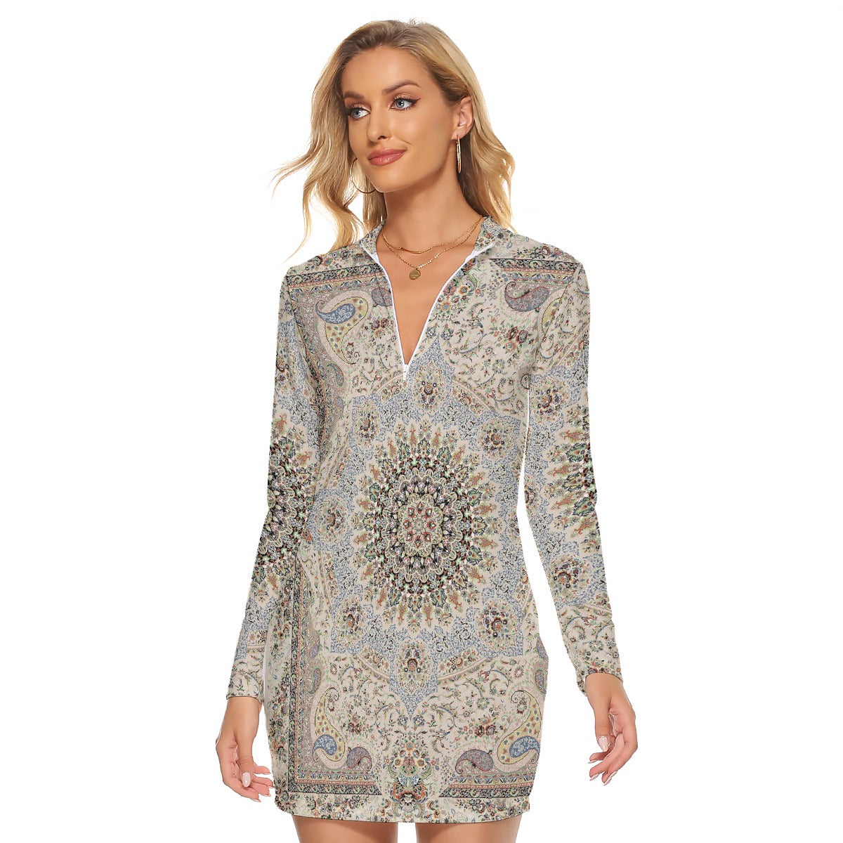 All-Over Print Women's Zip Front Tight Dress