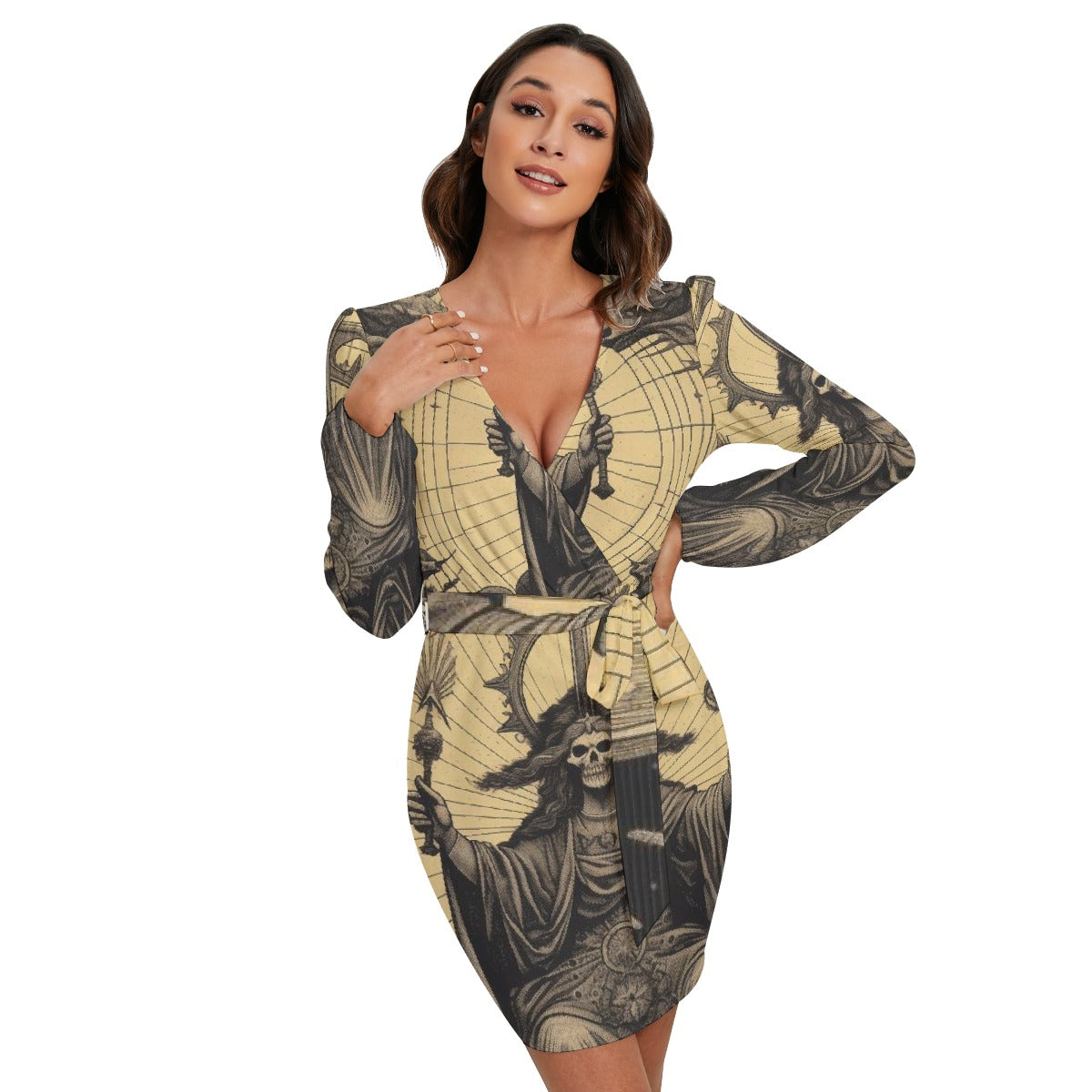 All-Over Print Women's Long Sleeve Dress With Waist Belt