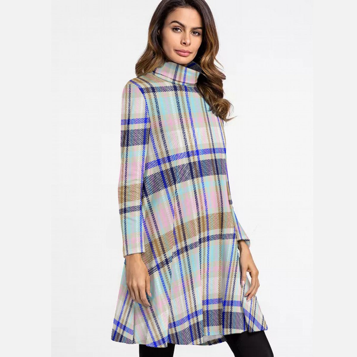 All-Over Print Women's High Neck Dress With Long Sleeve