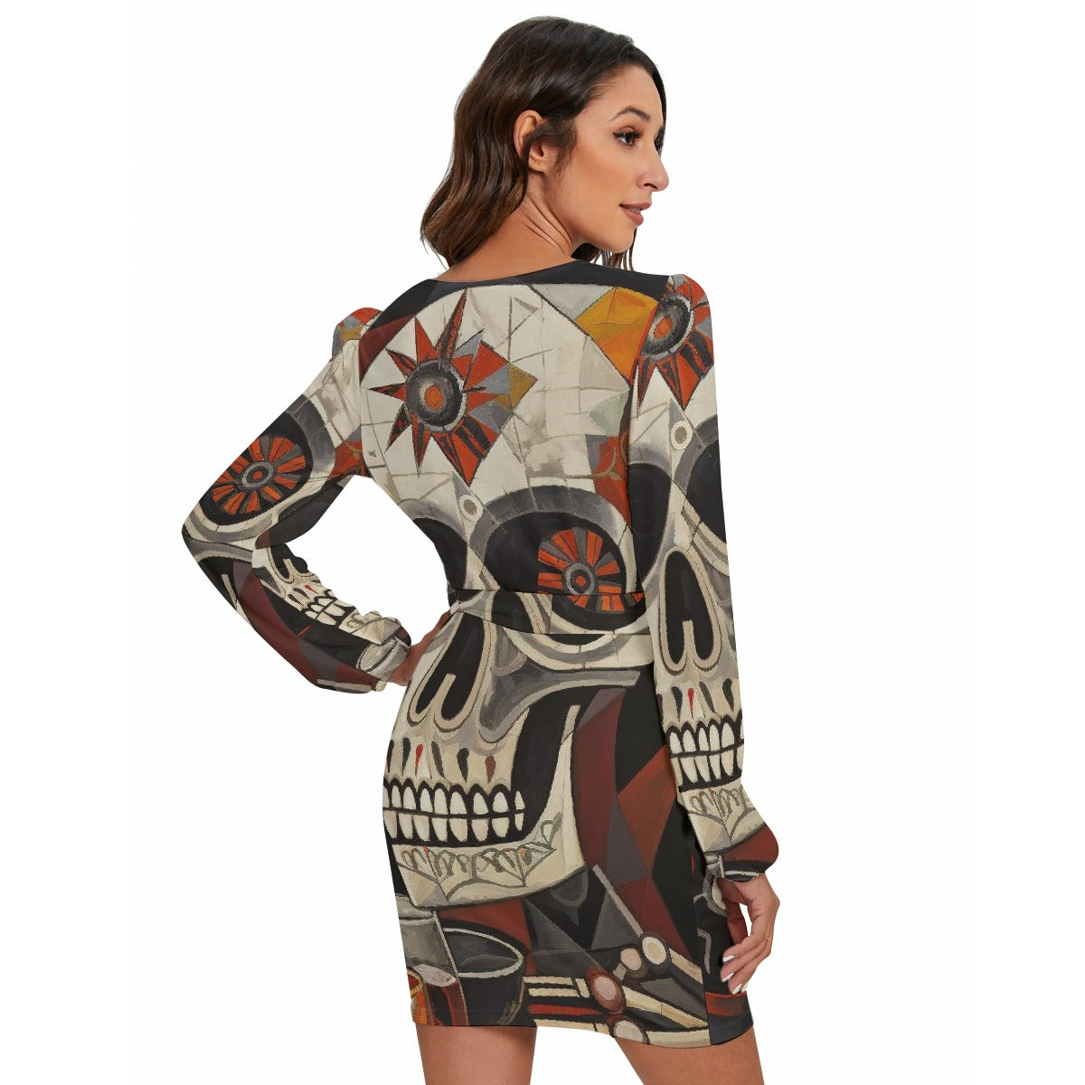 All-Over Print Women's Long Sleeve Dress With Waist Belt