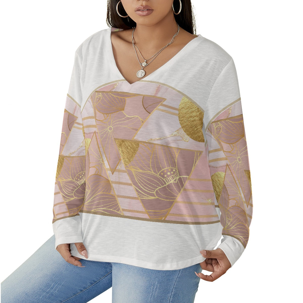 All-Over Print Women's V-neck T-shirt With Curved Hem(Plus Size)