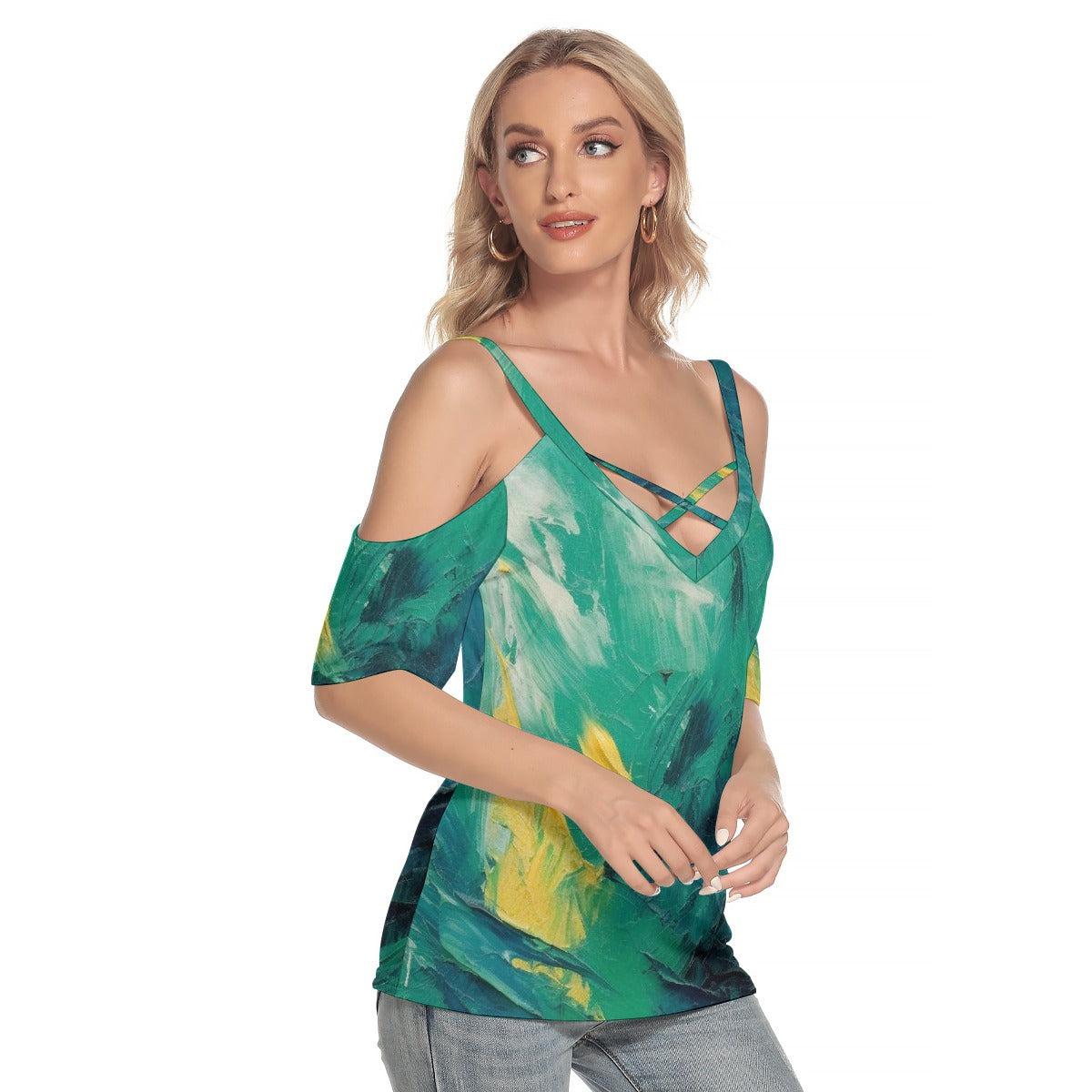 All-Over Print Women's Cold Shoulder T-shirt With Criss Cross Strips