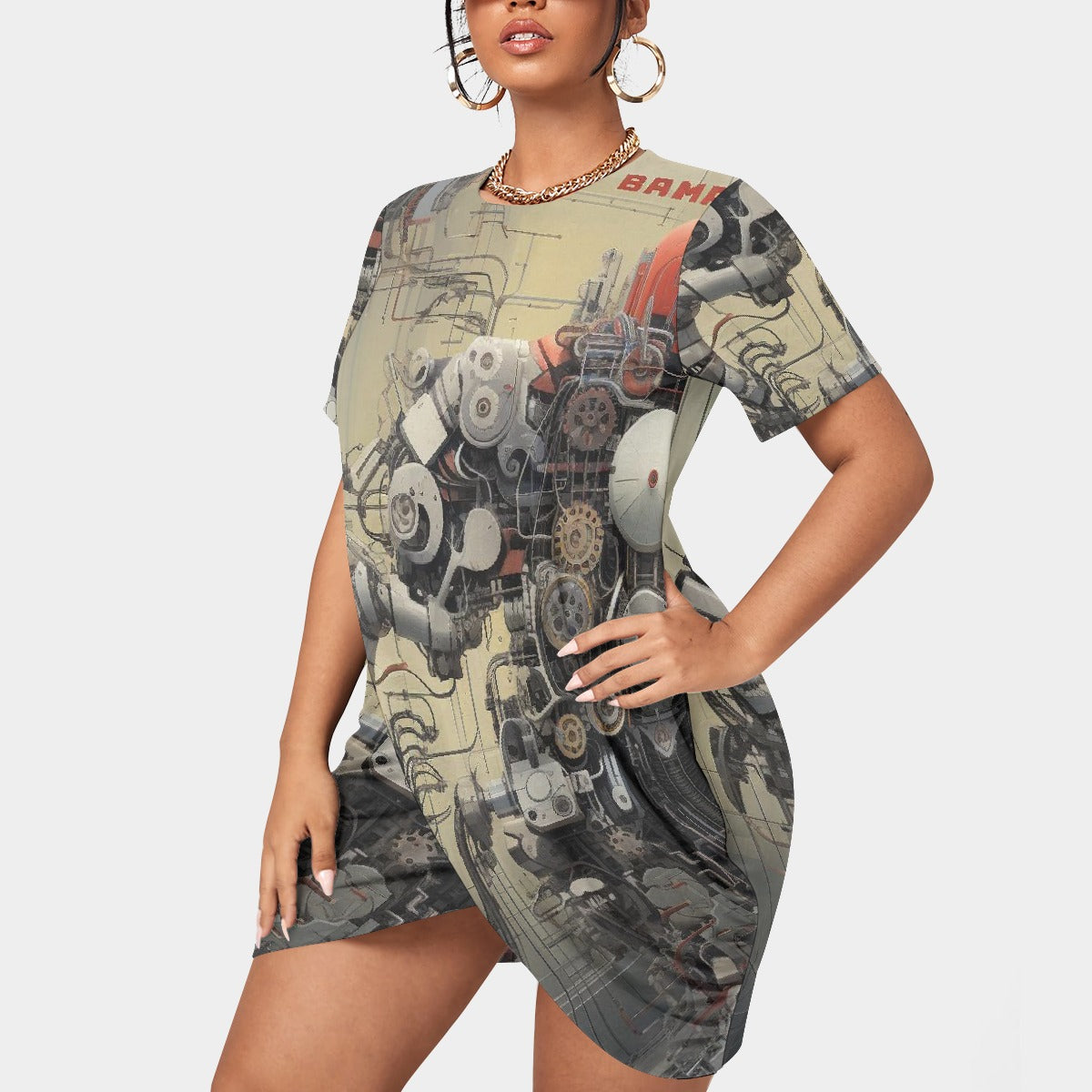 All-Over Print Women’s Stacked Hem Dress With Short Sleeve（Plus Size）