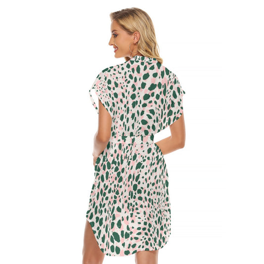 All-Over Print Women's Stand-up Collar Casual Dress With Belt