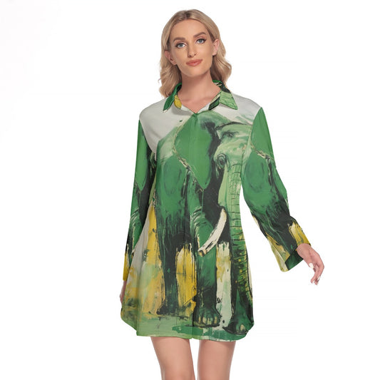 All-Over Print Women's Lapel Shirt Dress With Long Sleeve