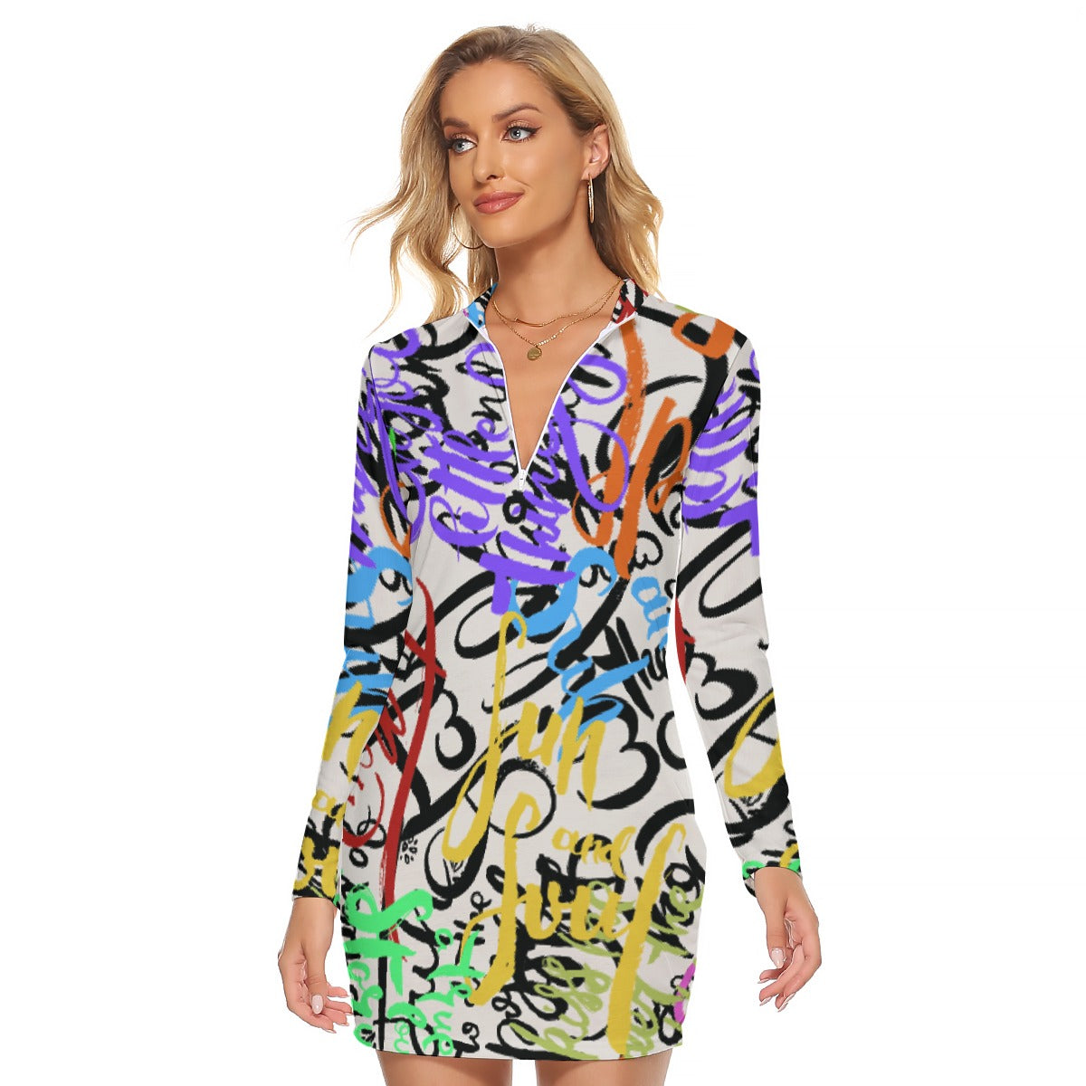 All-Over Print Women's Zip Front Tight Dress