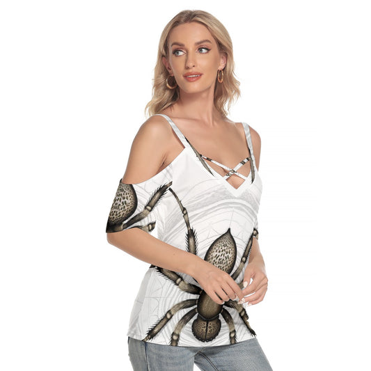 All-Over Print Women's Cold Shoulder T-shirt With Criss Cross Strips