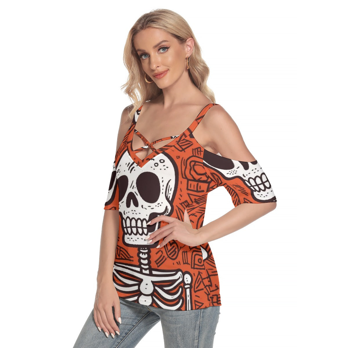 All-Over Print Women's Cold Shoulder T-shirt With Criss Cross Strips