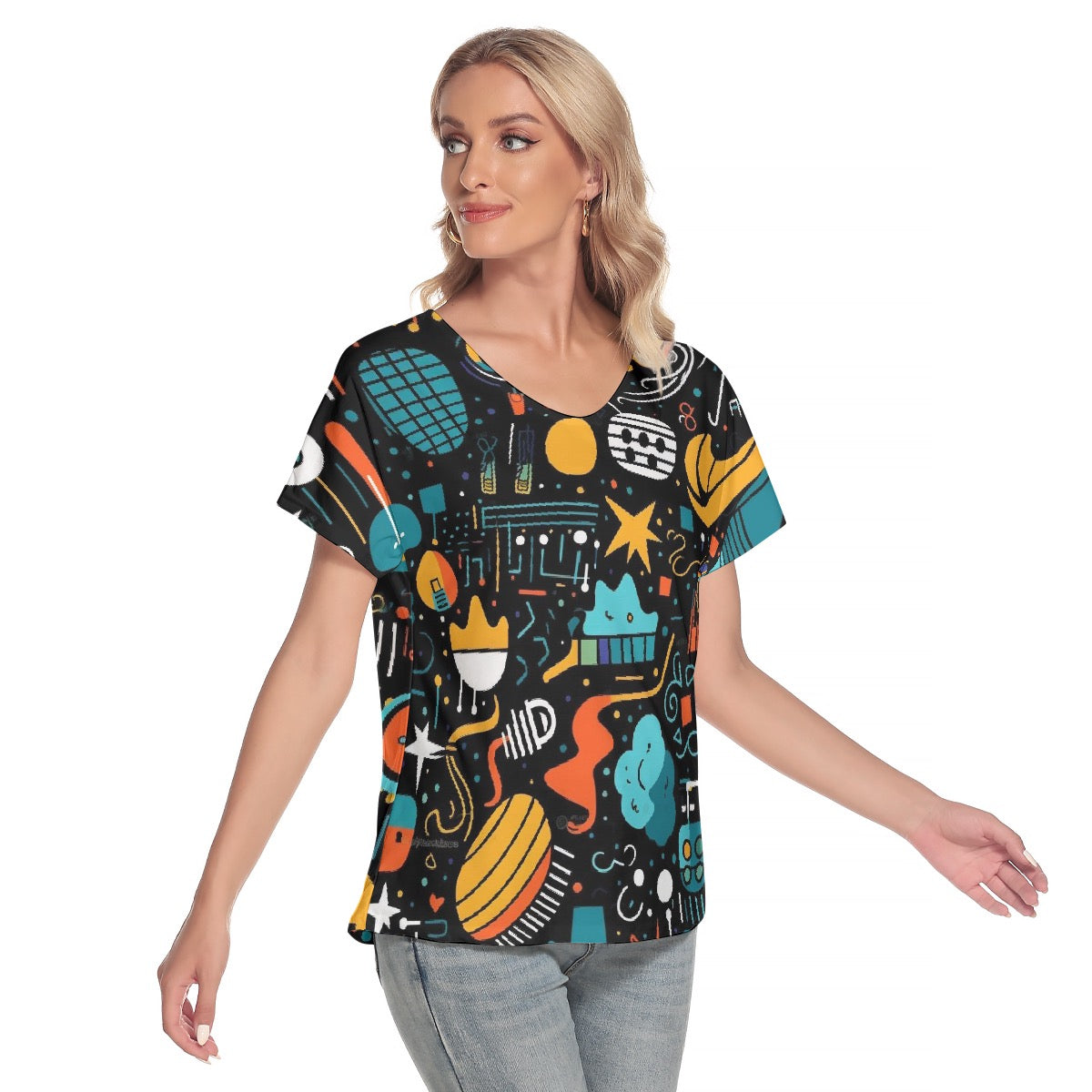 All-Over Print Women's Loose V-neck Short Sleeve T-shirt