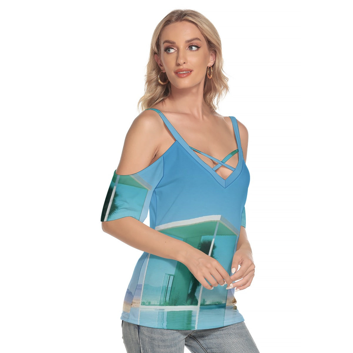 All-Over Print Women's Cold Shoulder T-shirt With Criss Cross Strips