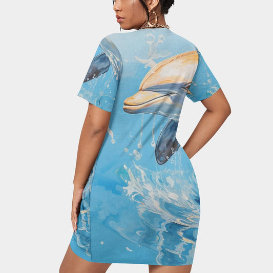 All-Over Print Women’s Stacked Hem Dress With Short Sleeve（Plus Size）