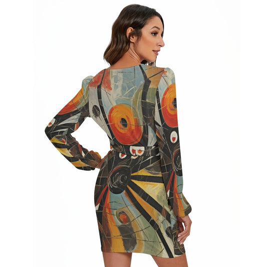 All-Over Print Women's Long Sleeve Dress With Waist Belt