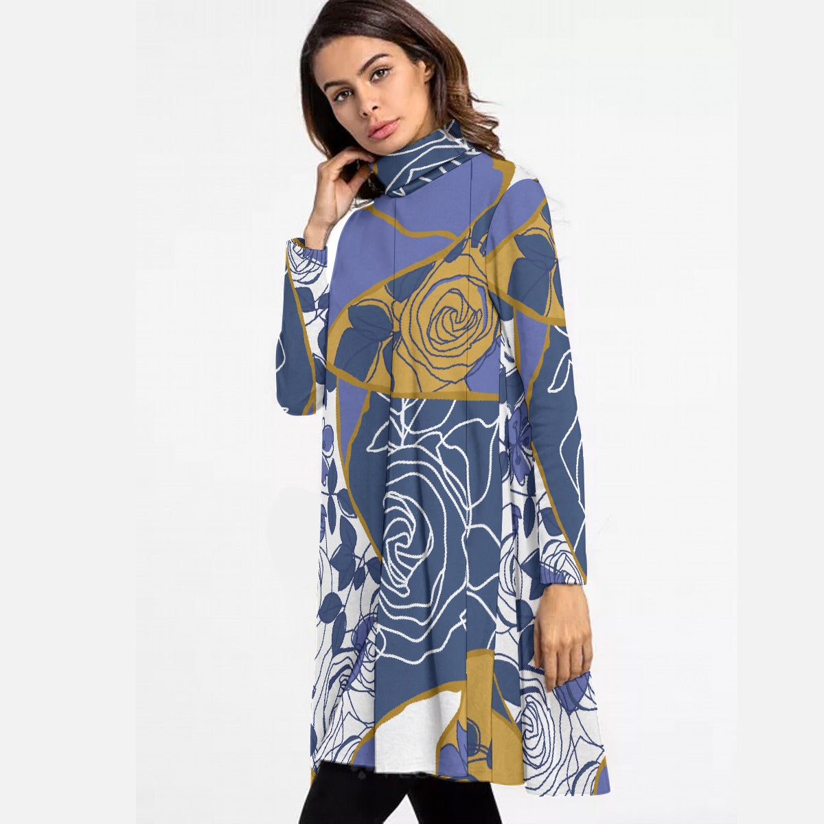 All-Over Print Women's High Neck Dress With Long Sleeve