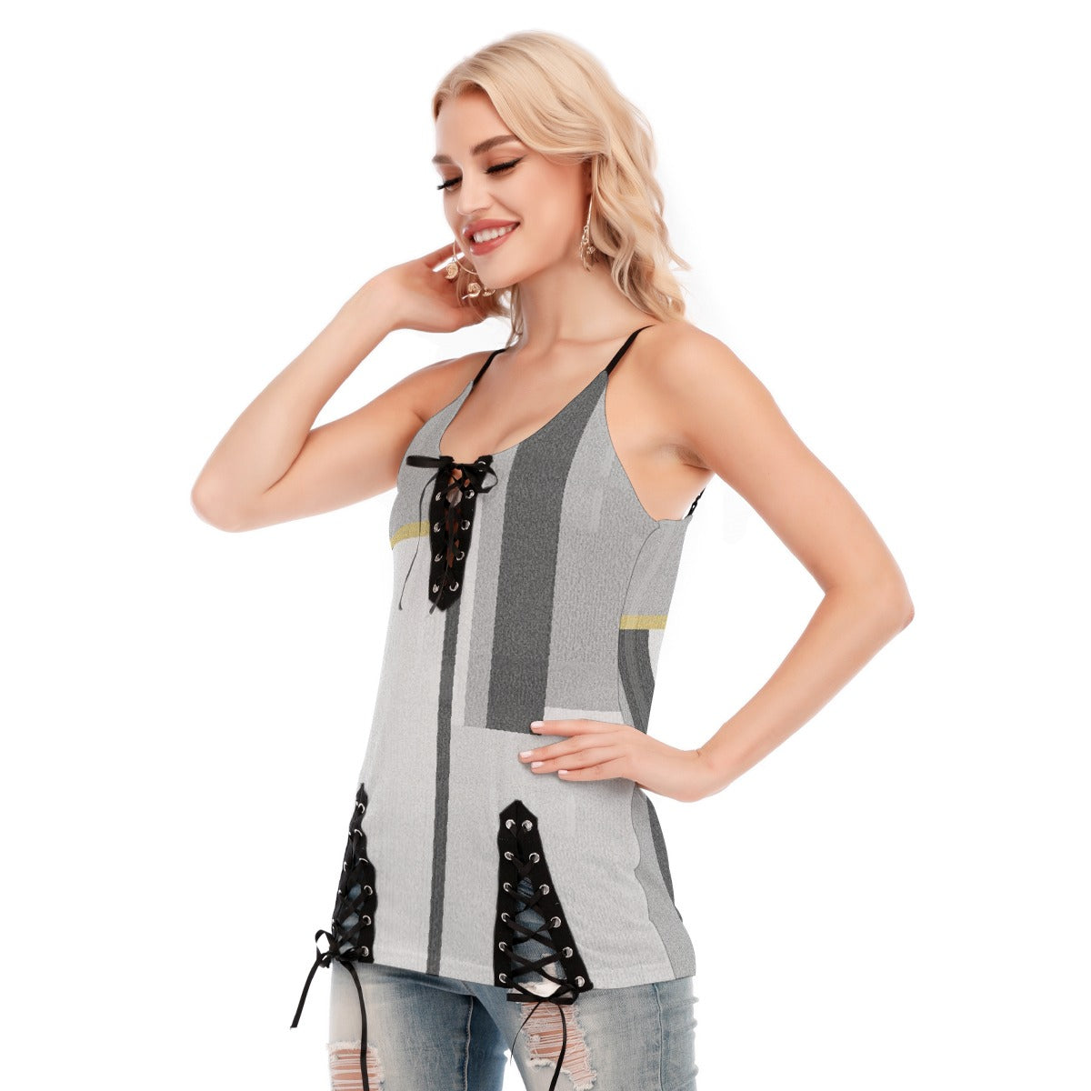 All-Over Print Women's V-neck Eyelet Lace-up Cami Dress