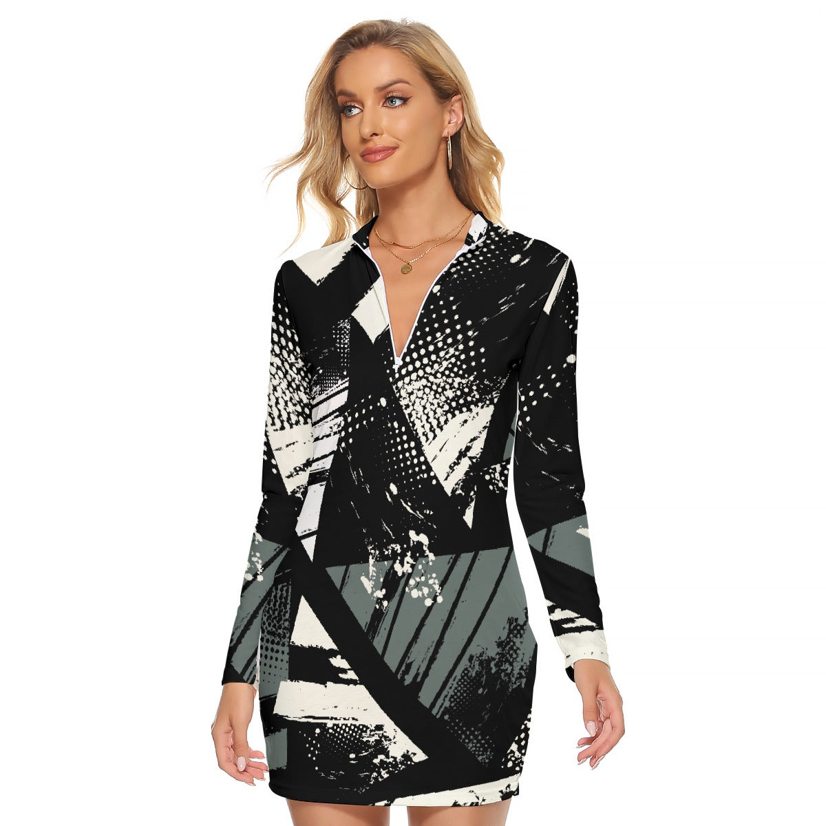 All-Over Print Women's Zip Front Tight Dress