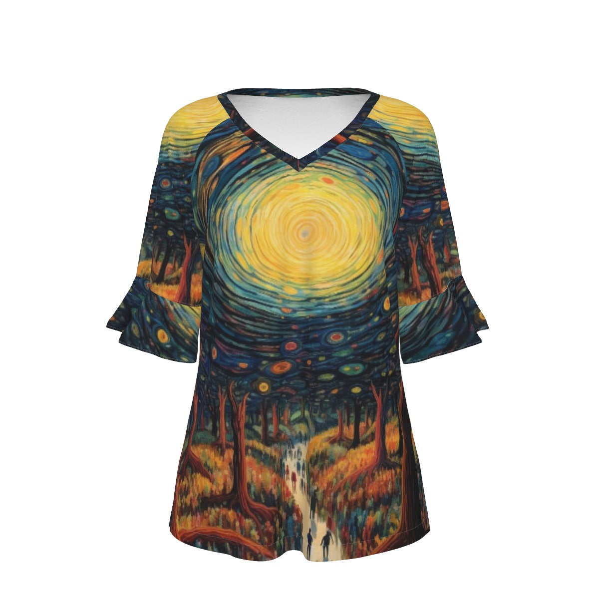 All-Over Print V-neck Women's T-shirt With Bell Sleeve