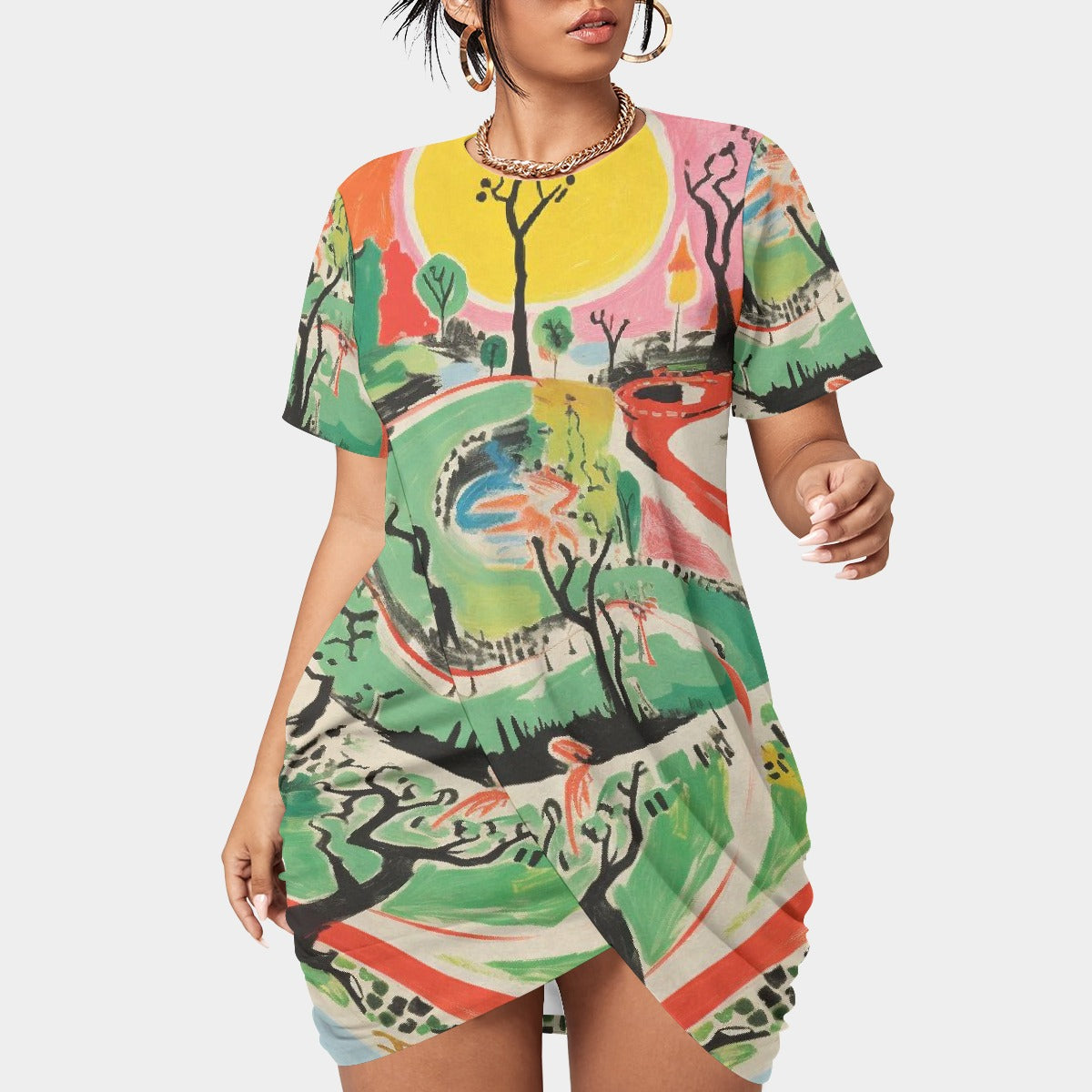 All-Over Print Women’s Stacked Hem Dress With Short Sleeve（Plus Size）