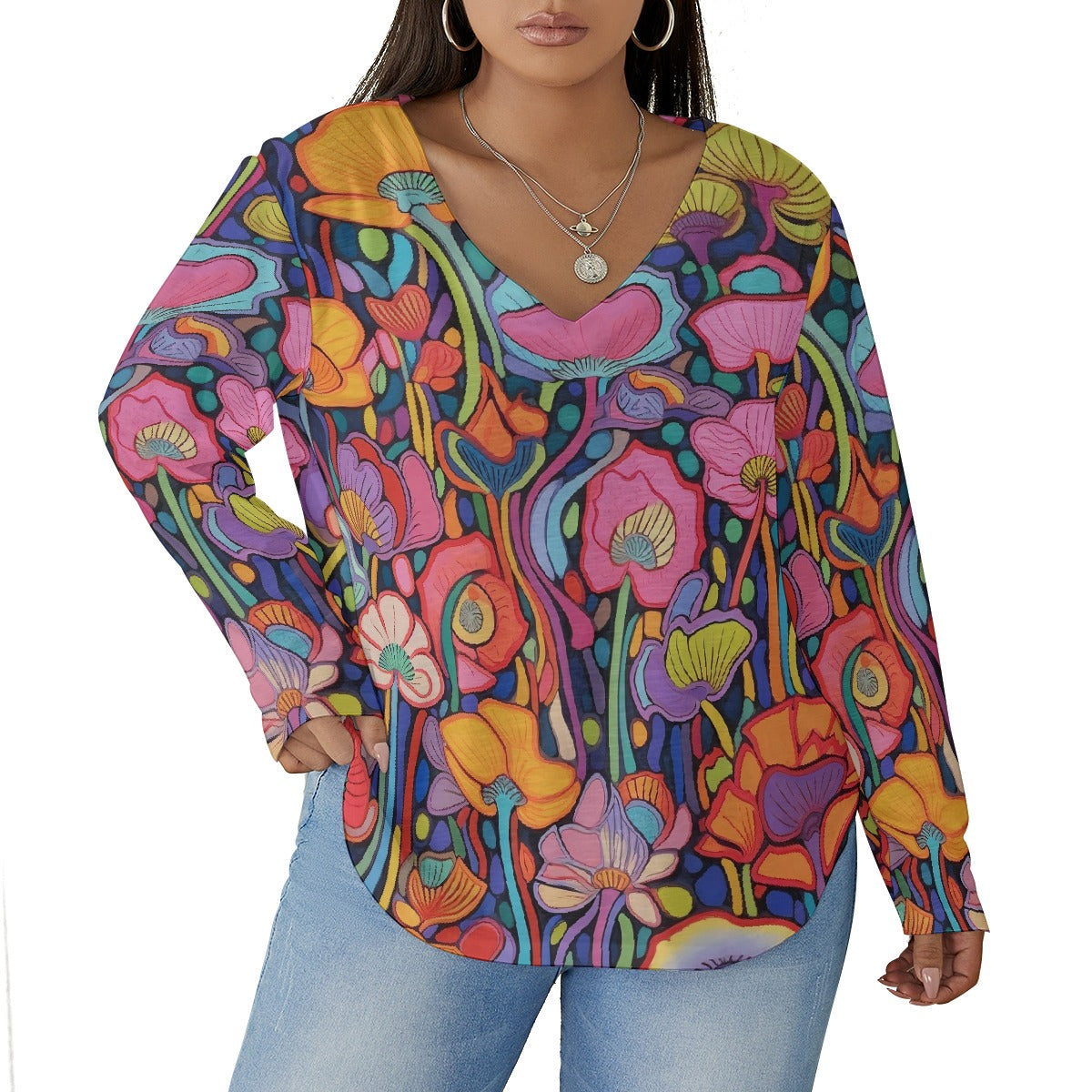 All-Over Print Women's V-neck T-shirt With Curved Hem(Plus Size)