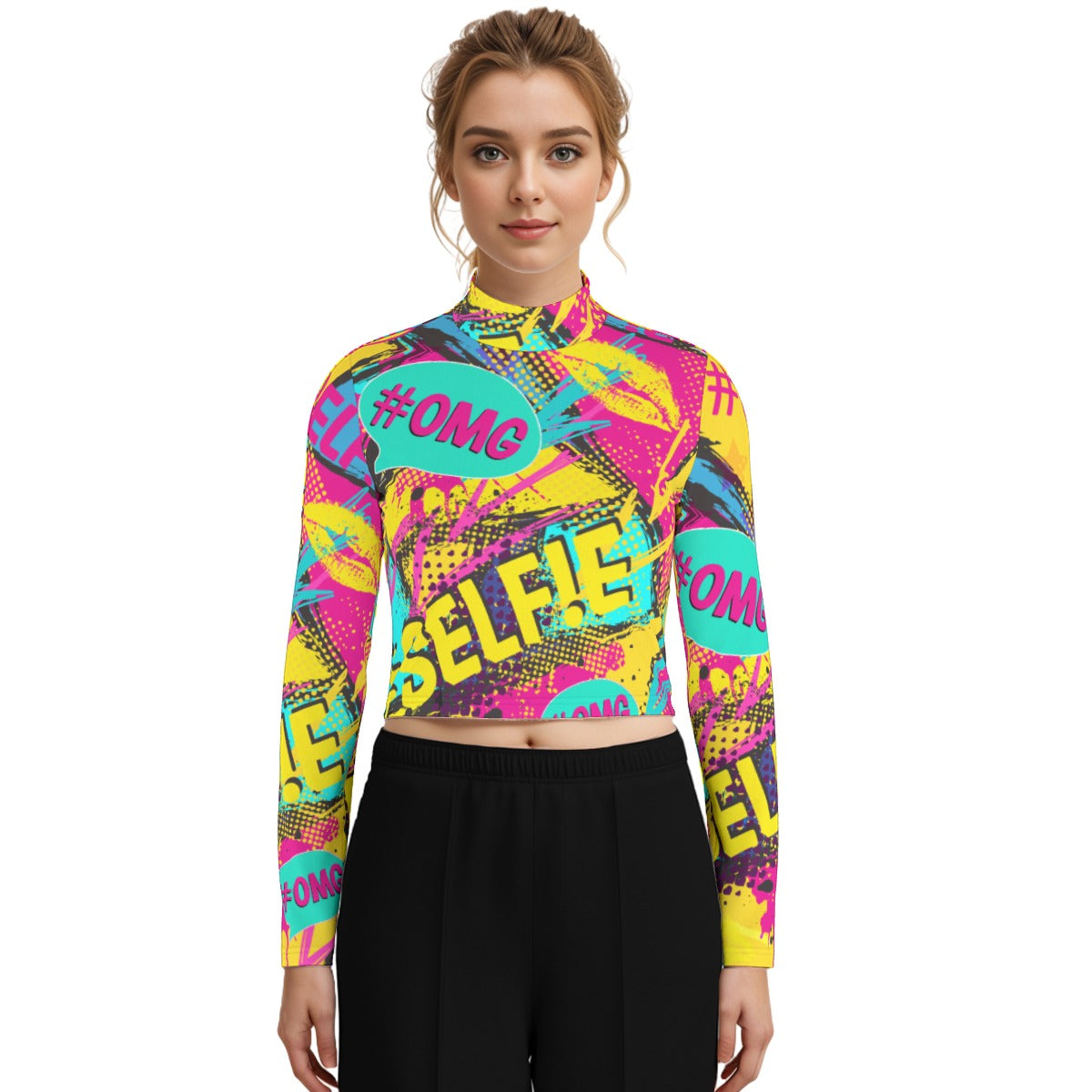 Eco-Friendly All-Over Print Women's Turtleneck T-shirt With Long Sleeve