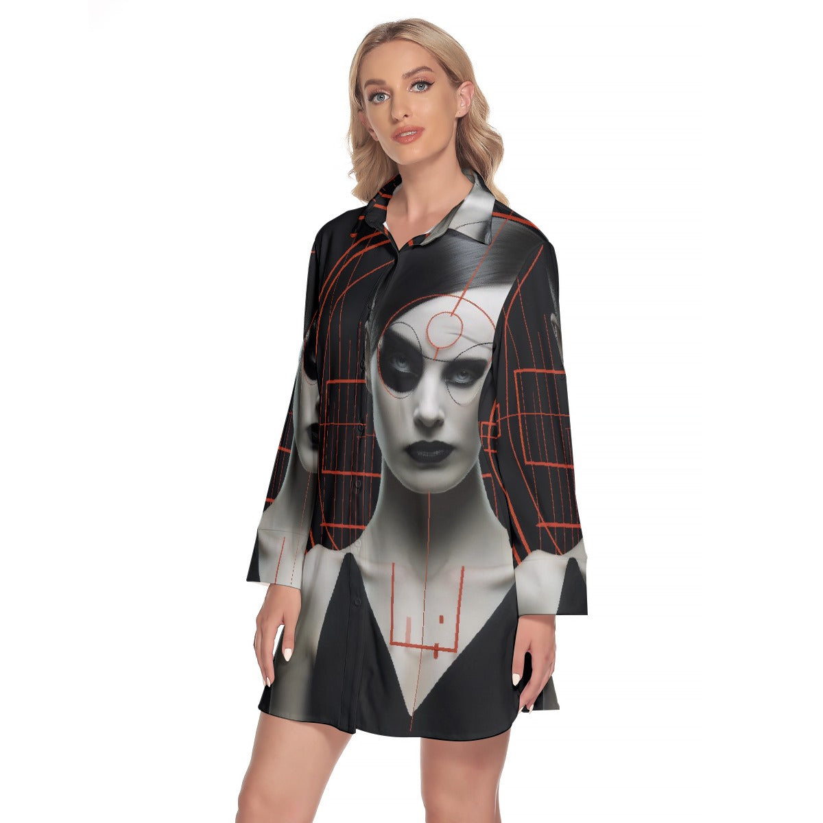 All-Over Print Women's Lapel Shirt Dress With Long Sleeve