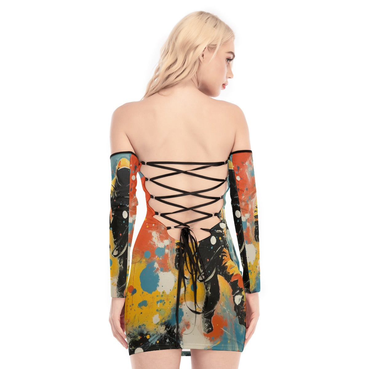 All-Over Print Women's Off-shoulder Back Lace-up Dress