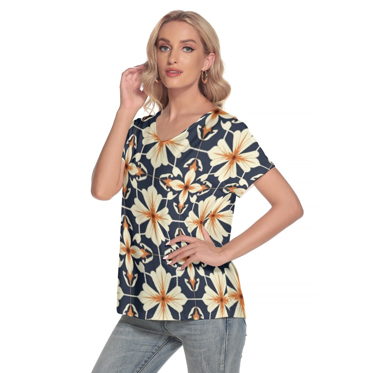 All-Over Print Women's Loose V-neck Short Sleeve T-shirt