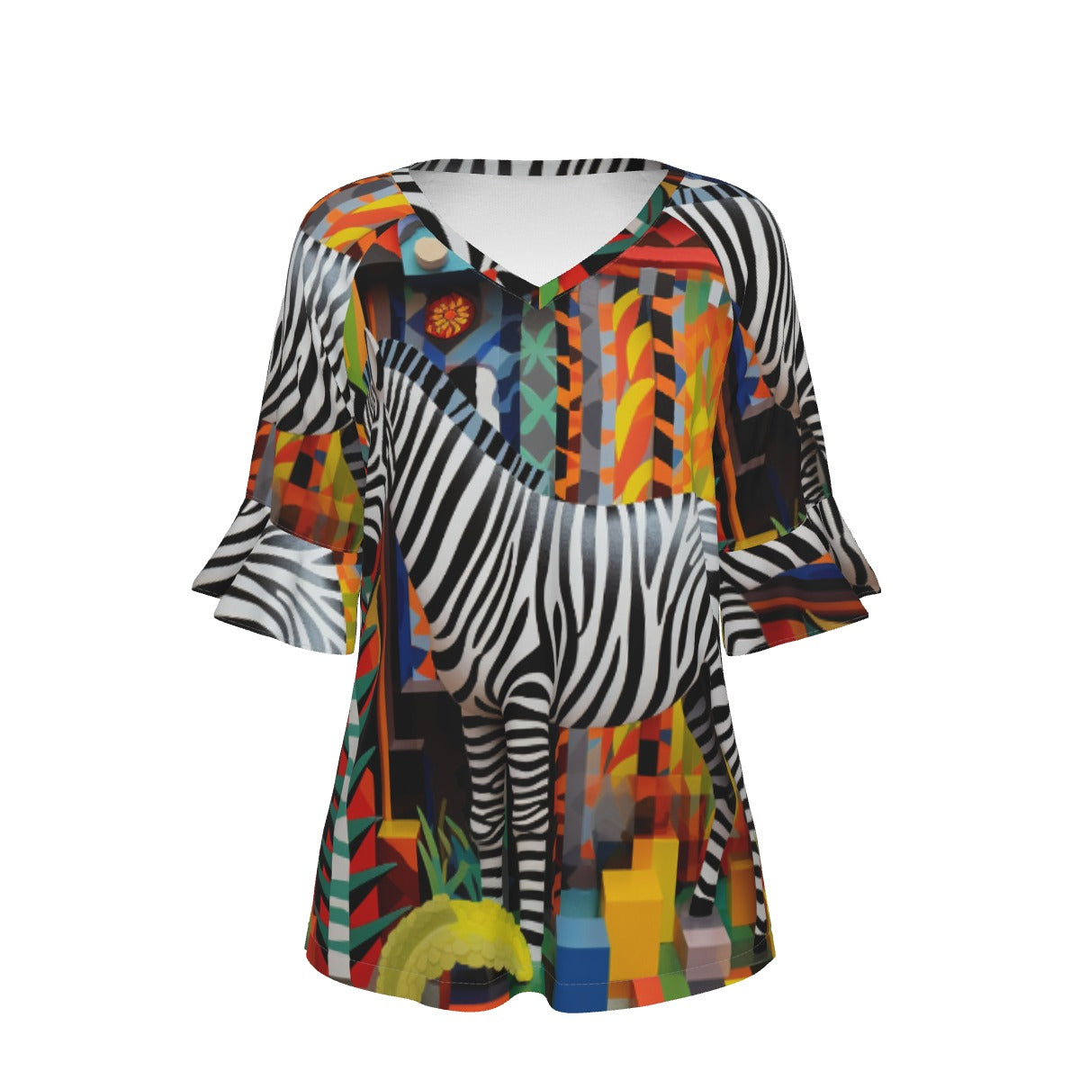 All-Over Print V-neck Women's T-shirt With Bell Sleeve