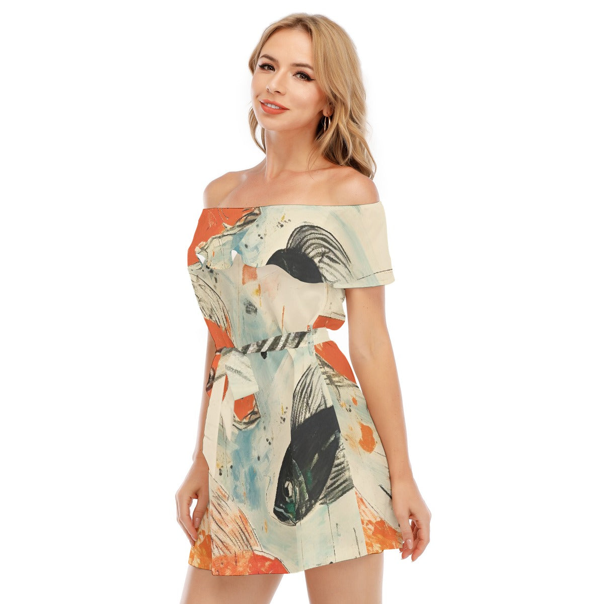 All-Over Print Women's Off-shoulder Dress With Ruffle