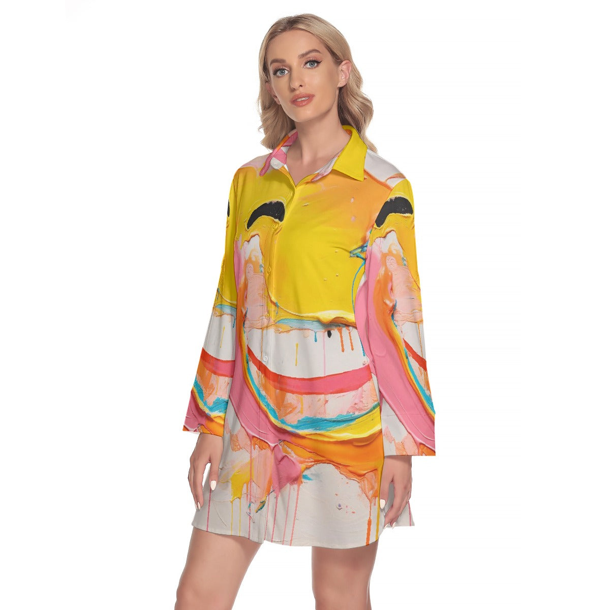 All-Over Print Women's Lapel Shirt Dress With Long Sleeve